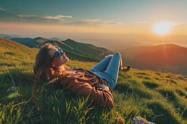 Photo a woman laying in the grass at sunset