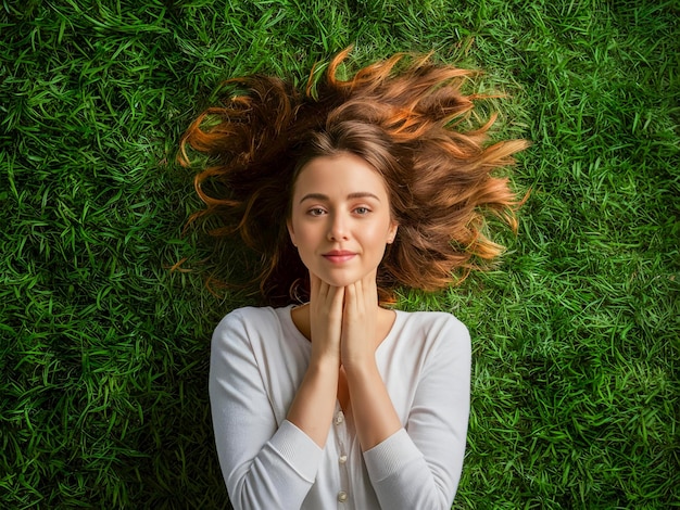 a woman laying in the grass with her hands on her face