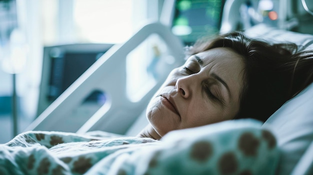 Woman laying in a hospital bed with her eyes closed