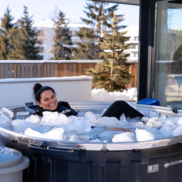 a woman laying in a ice tub that says ice in it