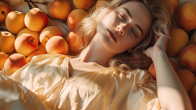 A woman laying on oranges in a bed Generative Ai