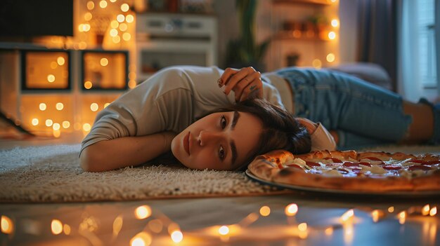 a woman laying on a rug in front of a christmas tree with a cake in front of her