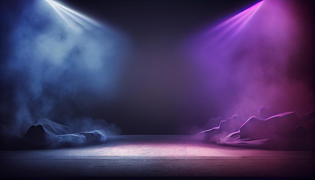 A woman laying on a stage in front of a black background with lights that are turned on.