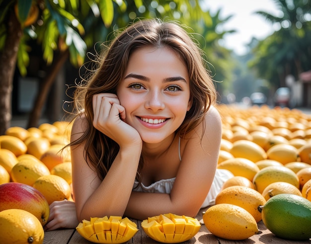 Photo a woman laying on a table with many lemons and lemons