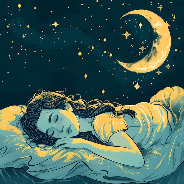 A woman laying on top of a bed under a night sky