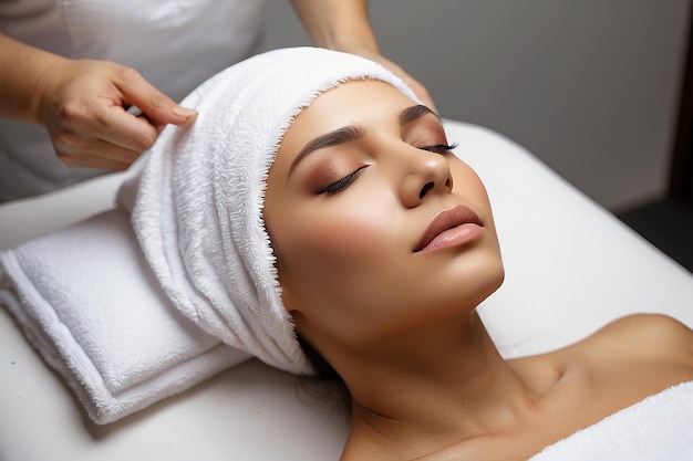 Photo a woman laying with towel and closed eyes receiving a face treatment or massage in a beauty salon