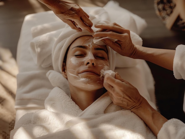 Photo a woman lays with towel and closed eyes getting face treatment skin mask or massage in beauty salon