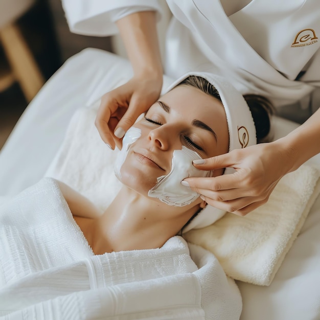 Photo a woman lays with towel and closed eyes getting face treatment skin mask or massage in beauty salon