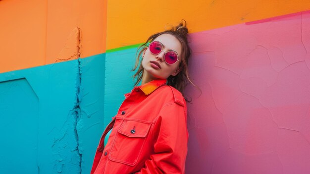 Woman leaning against a vibrant and colorful graffiti wall wearing a red jacket and pink sunglasses exuding a cool and urban vibe