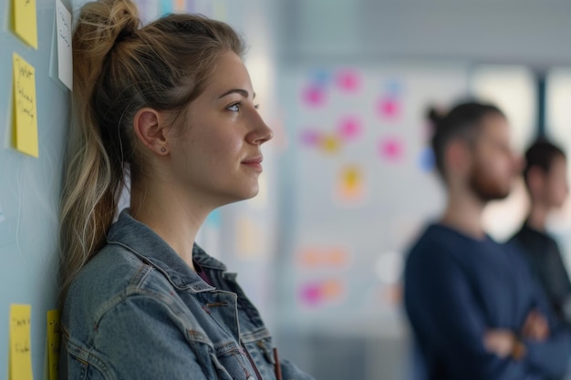 Photo a woman leaning against a wall covered in sticky notes poster that effectively communicates our companys mission and vision attracting candidates who align with our values