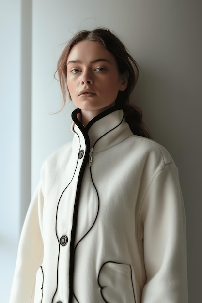 Photo woman leaning against wall in white jacket