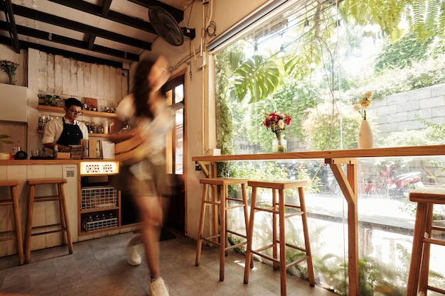 Woman Leaning Coffeeshop