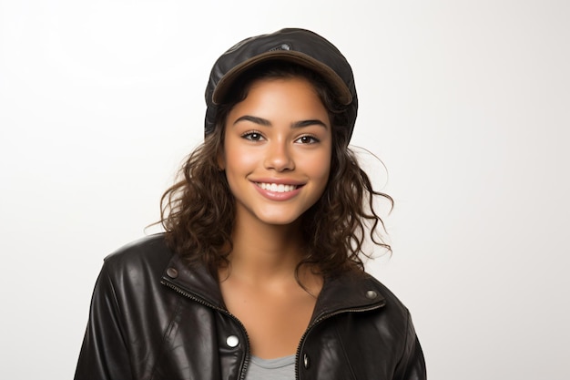 a woman in a leather jacket and hat