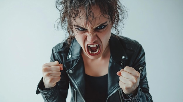 a woman in a leather jacket is angry with a knife in her mouth