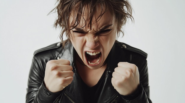 Photo a woman in a leather jacket is holding a knife in her mouth