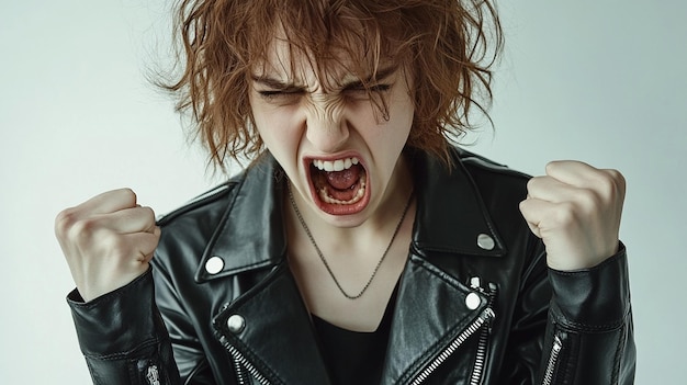 a woman in a leather jacket is screaming with her mouth open