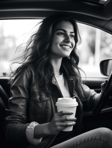 A woman in a leather jacket is smiling and holding a coffee cup