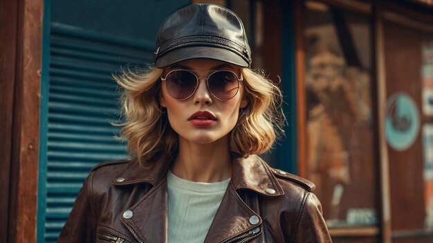 a woman in a leather jacket is wearing a hat with a black hat and sunglasses