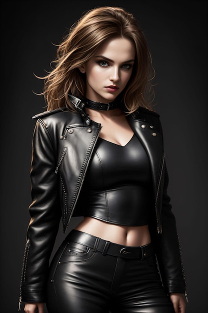 A woman in a leather jacket and pants