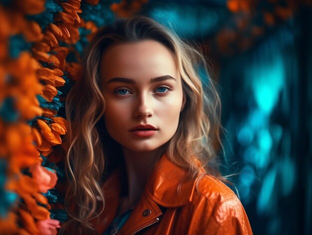 A woman in a leather jacket stands in front of a background of flowers