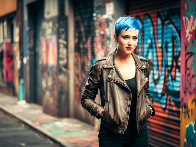 a woman in a leather jacket stands in front of a graffiti covered wall