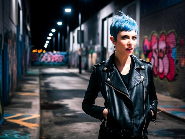 a woman in a leather jacket stands in front of a graffiti wall