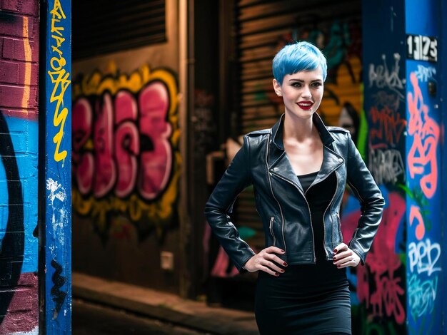 a woman in a leather jacket stands in front of a graffiti wall