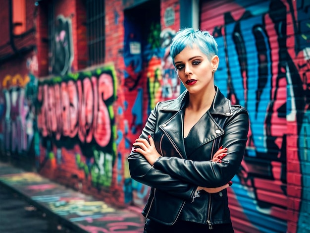 a woman in a leather jacket stands in front of a graffiti wall