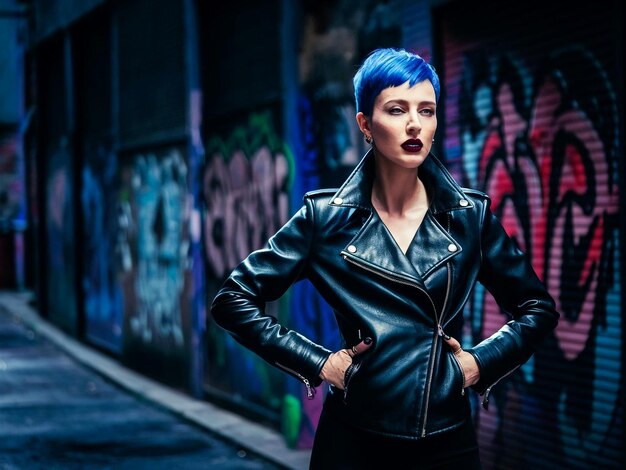 a woman in a leather jacket stands in front of a graffiti wall