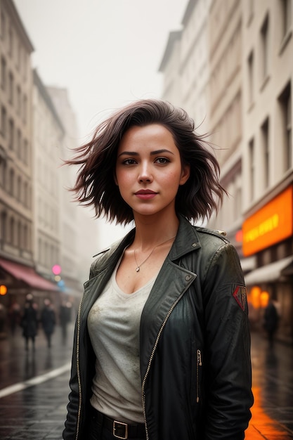 A woman in a leather jacket stands in the rain in front of a storefront.