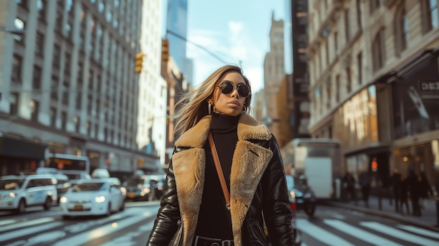 Woman in a leather jacket and sunglasses walking in the city