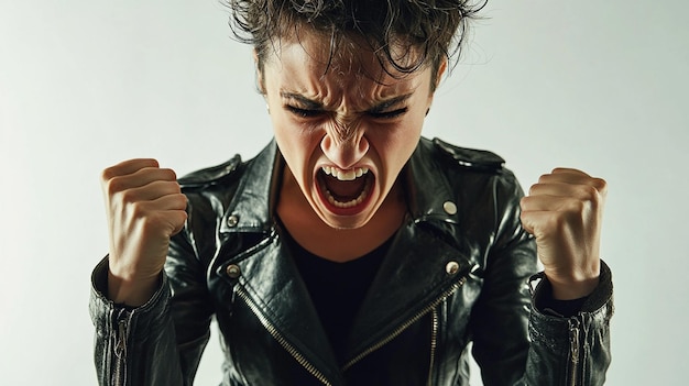 a woman in a leather jacket with her mouth open and a fist clenched in the air