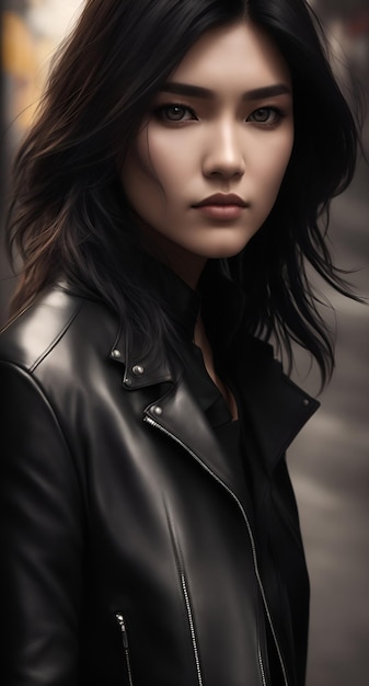 A woman in a leather jacket