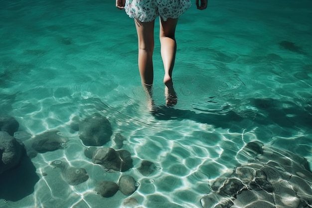 Woman legs in turquoise water summertime concept Generative Ai