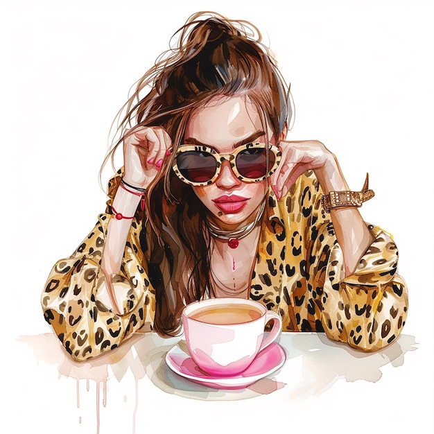 a woman in a leopard print shirt and sunglasses drinking coffee clip art