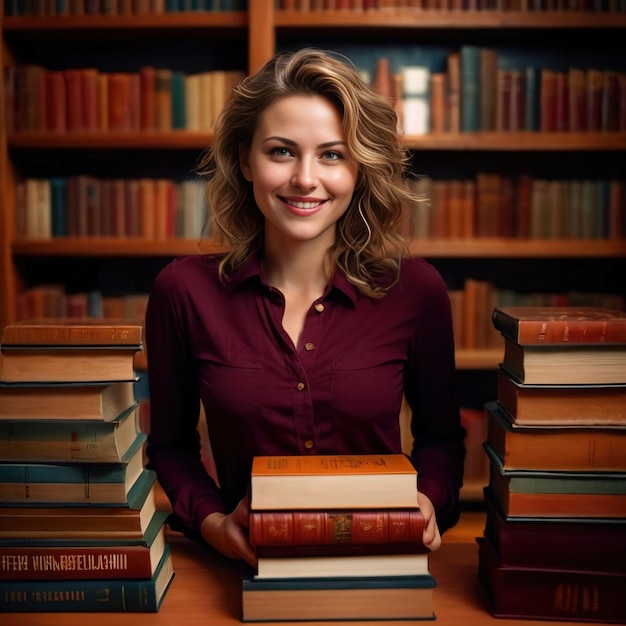 woman librarian with books smiling