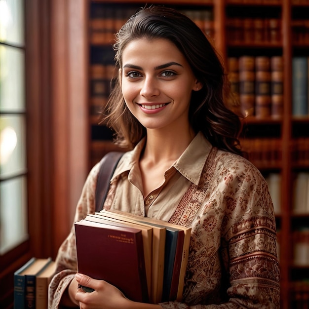 woman librarian with books smiling