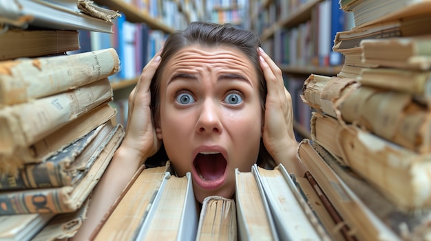 Photo woman in library overwhelmed by stacks of old books