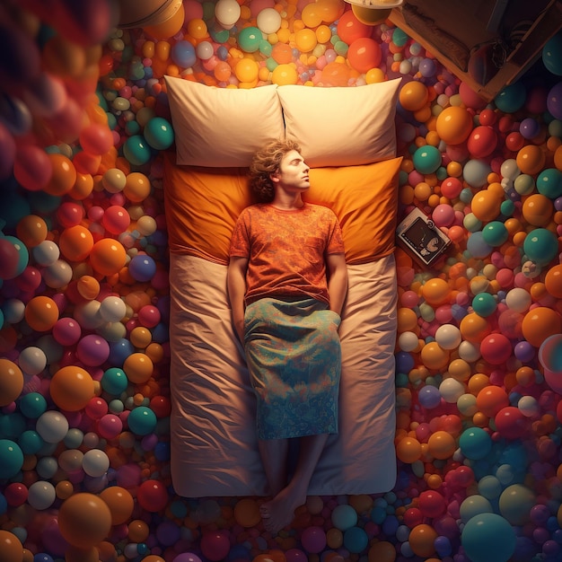 A woman lies on a bed covered in balloons and the word balloon is on the wall.