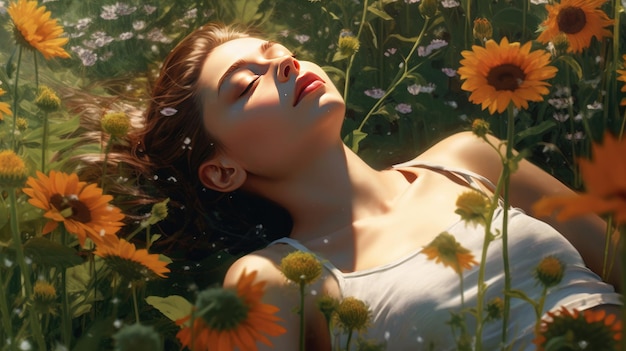 A woman lies in a field of flowers with her eyes closed.