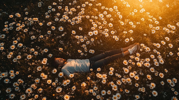 Photo a woman lies in a field of flowers