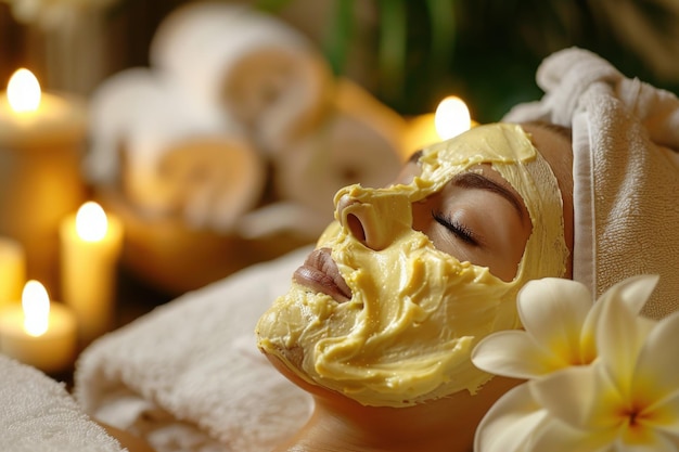 woman lies on spa table eyes closed with face mask on Candles and lighting relaxing atmosphere