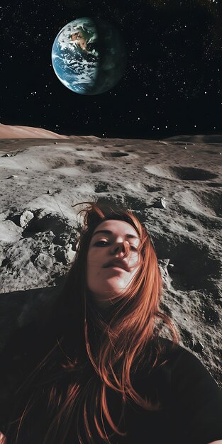 Photo a woman lies on the surface of the moon with the stars behind her