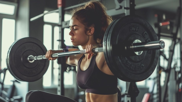 a woman lifting a barbell with a barbell in the background