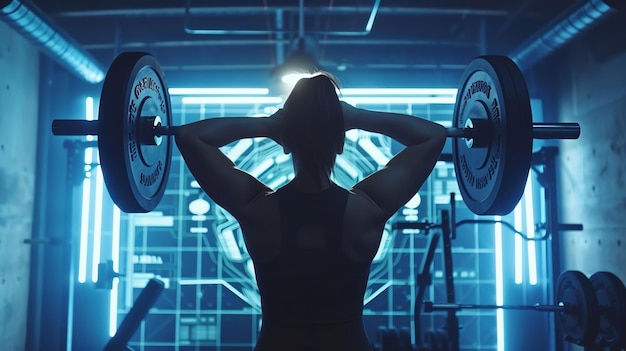 A woman lifting weights in a gym bathed in blue light