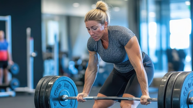 Photo a woman lifts a barbell with a barbell