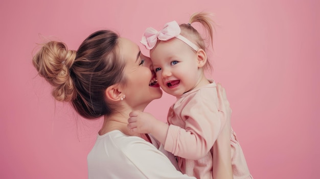 Woman in light clothes have fun with cute child baby girl Mother little kid daughter isolated on pastel pink wall background studio portrait Mother39s Day love family parenthood childhood concept