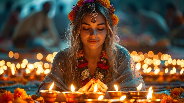 woman lighting oil lamps for Navratri puja