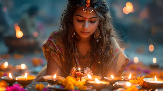 woman lighting oil lamps for Navratri puja