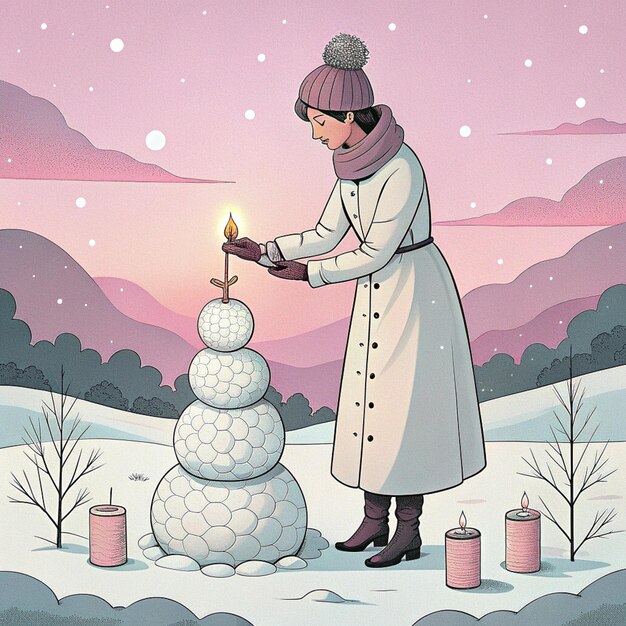 Photo a woman lighting a snowman with a lit candle